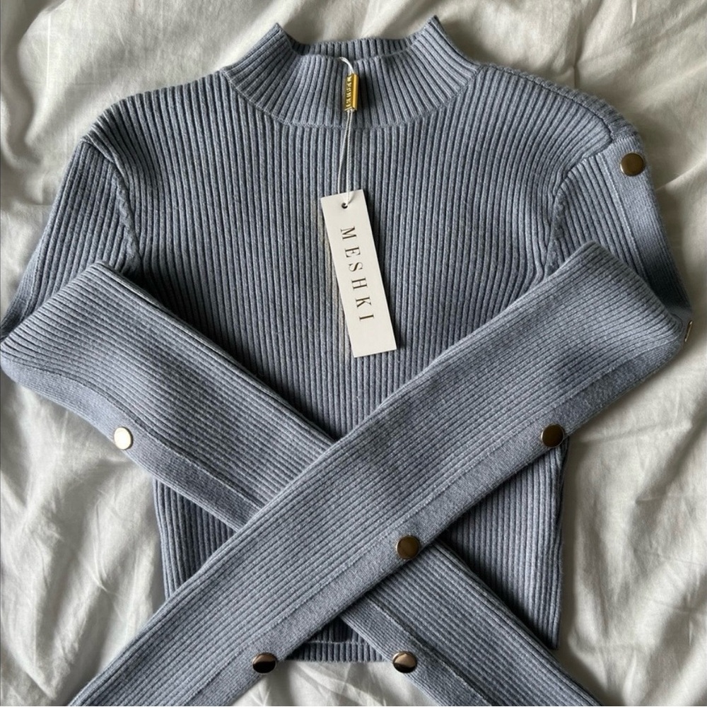 Meshki Light Blue Ribbed Crop Top with Snap Details